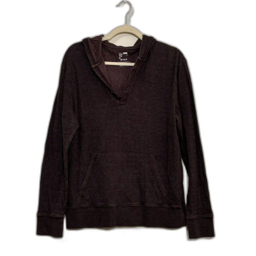 On The Byas Waffle Knit Henley Hoodie Brown Thermal Pullover Mens L